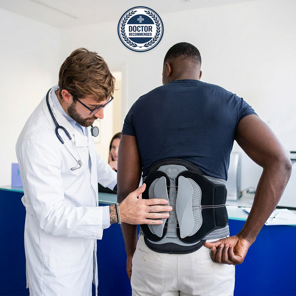 BackAlly lumbar support brace worn under shirt showing improved posture